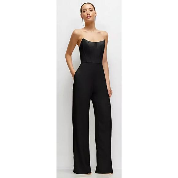 Dessy Collection NWT Black Strapless Cat-Eye Corset Crepe Jumpsuit Formal 6 - Picture 1 of 14
